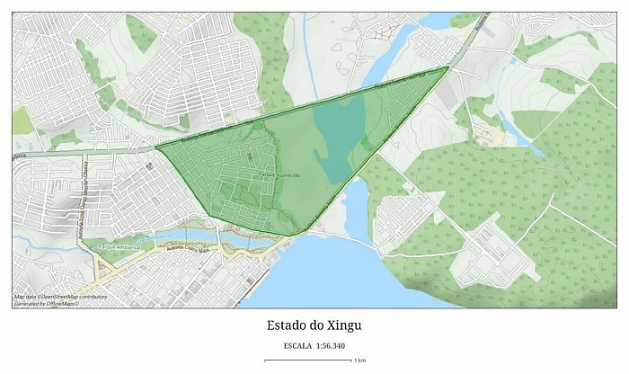 Mapa do Estado do Xingu (destacado em verde claro com delimitações aparentes), sem fronteiras internas